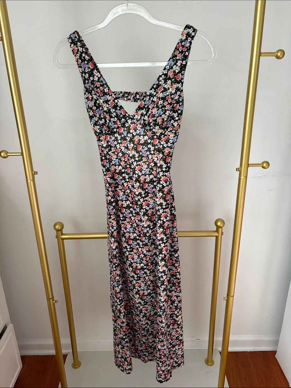 Princess Polly Black Floral V-Neck Maxi Dress with Pink & White Blossoms